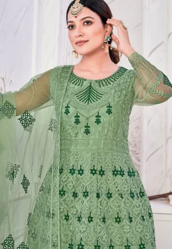 Embroidered Net Abaya Style Suit in Dusty Green