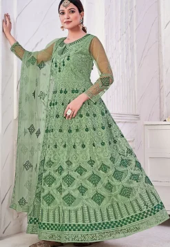 Embroidered Net Abaya Style Suit in Dusty Green