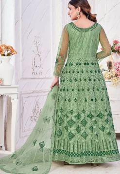 Embroidered Net Abaya Style Suit in Dusty Green