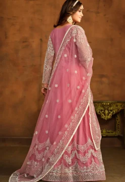 Embroidered Net Abaya Style Suit in Pink