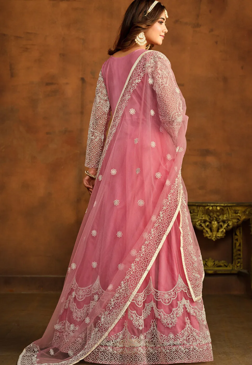 Embroidered Net Abaya Style Suit in Pink