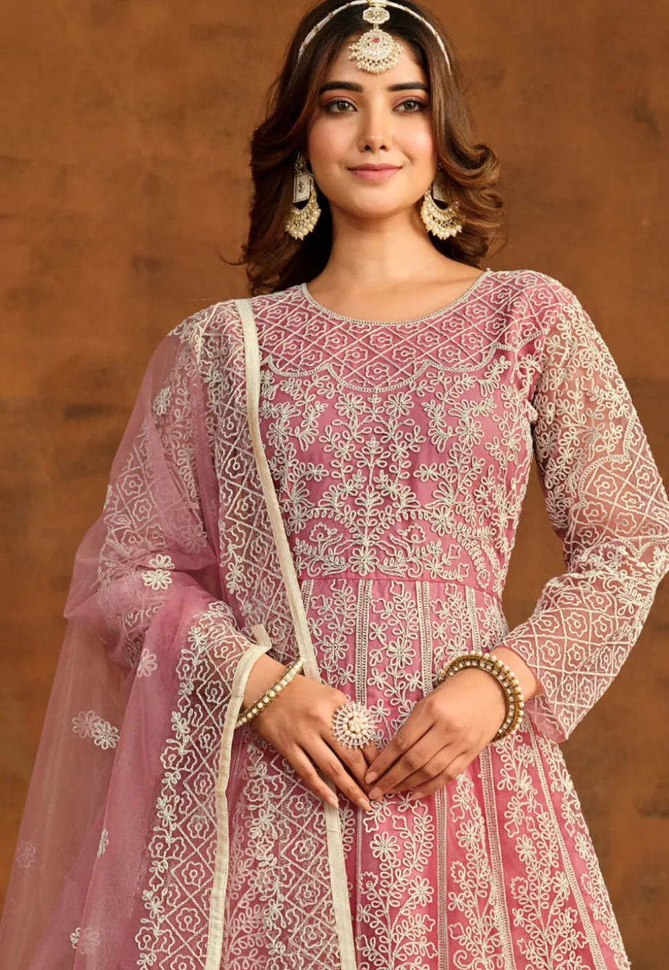 Embroidered Net Abaya Style Suit in Pink