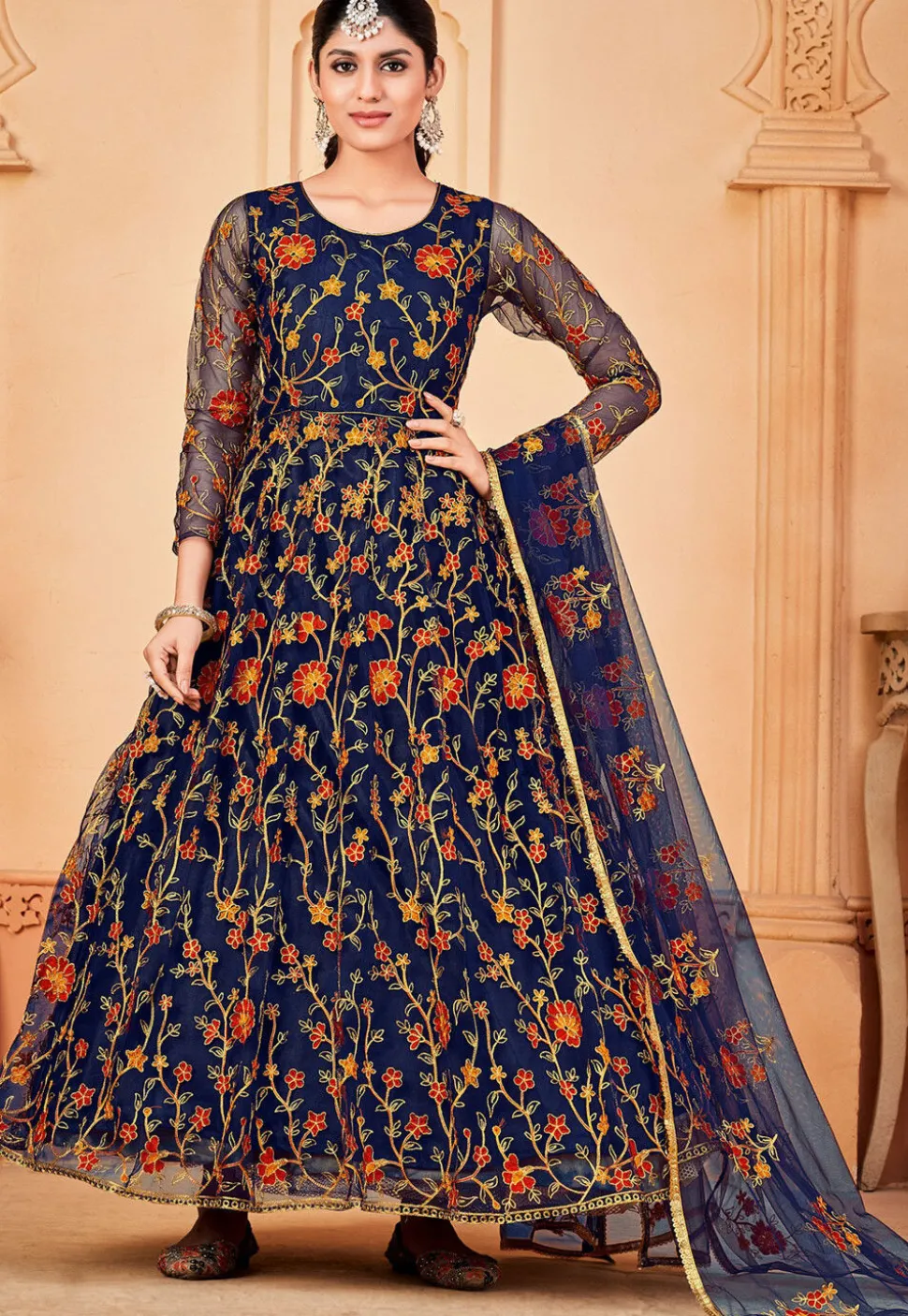 Embroidered Net Abaya Style Suit in Navy Blue