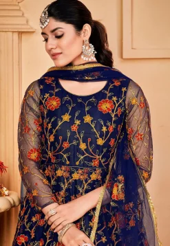 Embroidered Net Abaya Style Suit in Navy Blue