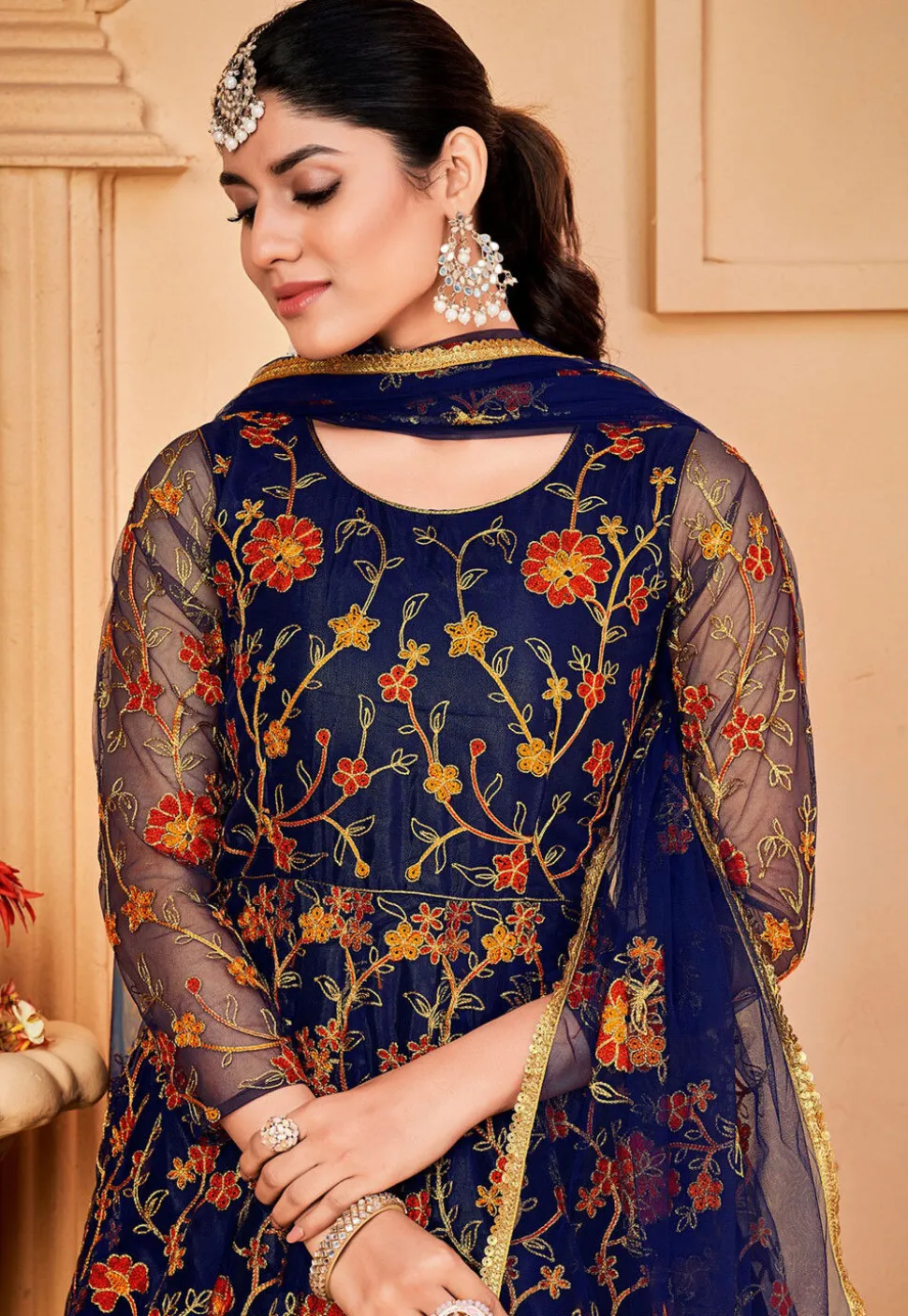 Embroidered Net Abaya Style Suit in Navy Blue