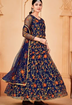Embroidered Net Abaya Style Suit in Navy Blue