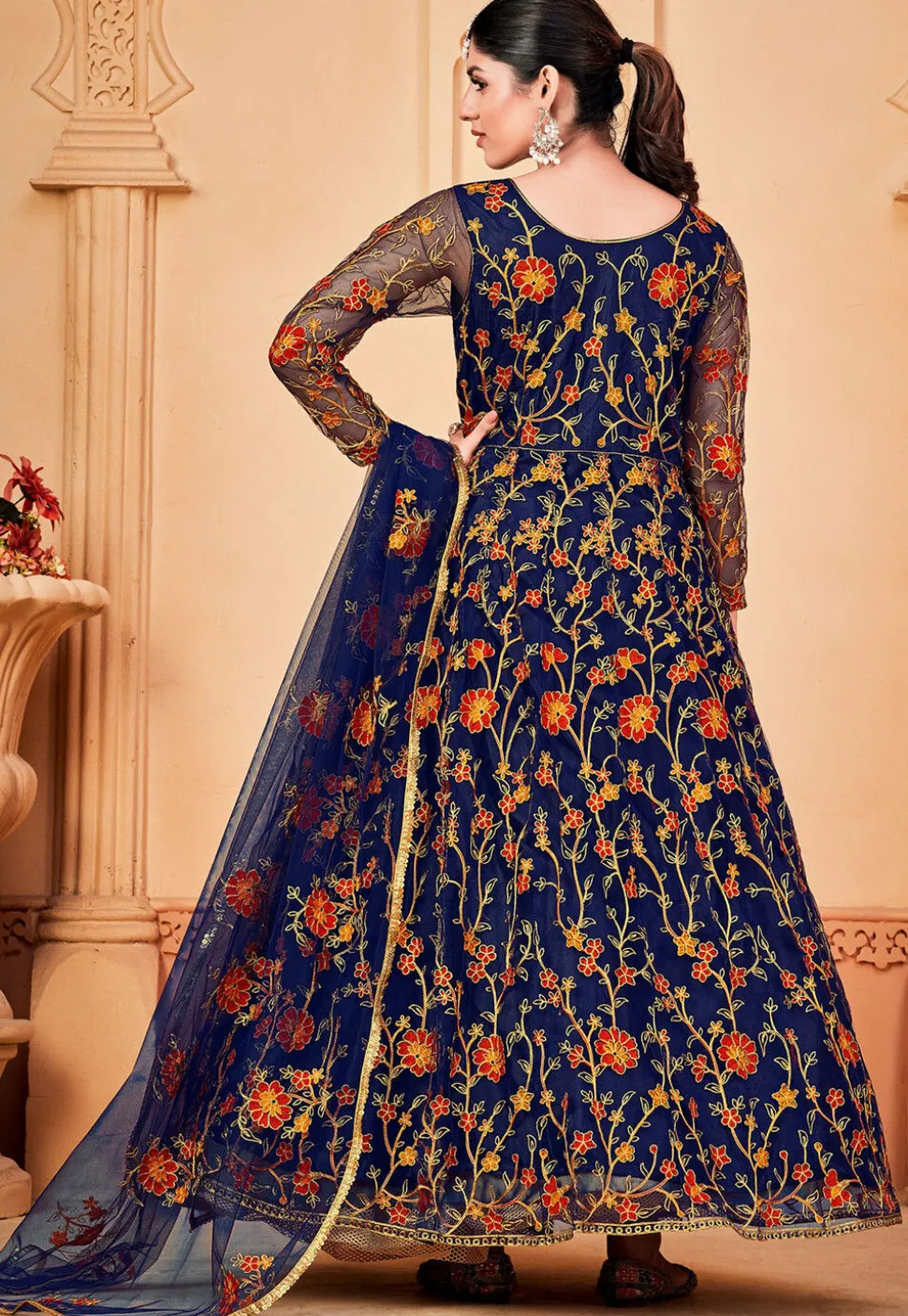 Embroidered Net Abaya Style Suit in Navy Blue