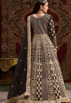 Embroidered Net Abaya Style Suit in Black