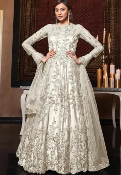 Embroidered Net Abaya Style Suit in Off White