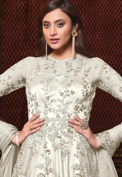 Embroidered Net Abaya Style Suit in Off White