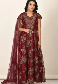 Embroidered Net Abaya Style Suit in Maroon