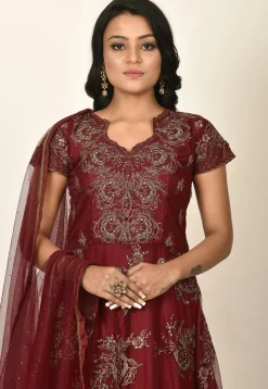 Embroidered Net Abaya Style Suit in Maroon