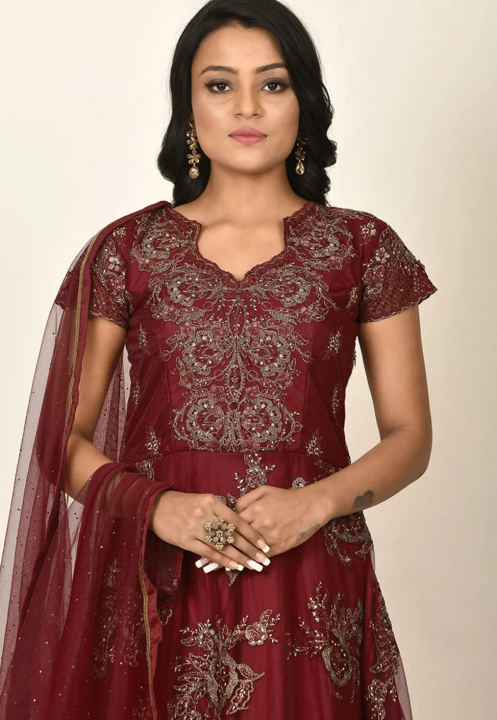 Embroidered Net Abaya Style Suit in Maroon