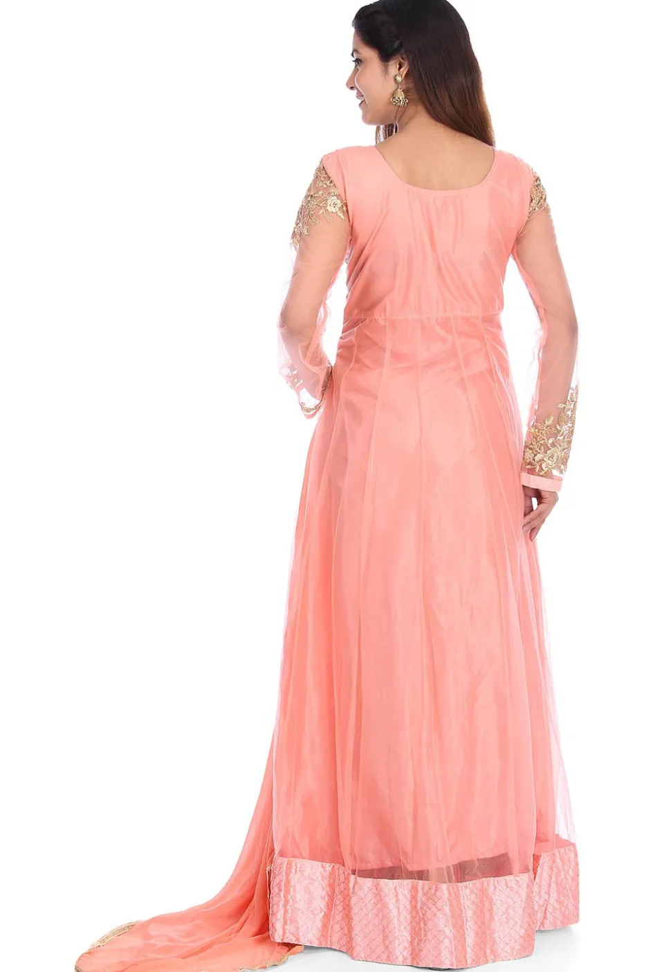Embroidered Net Abaya Style Suit in Peach