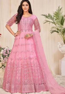 Embroidered Net Abaya Style Suit in Pink