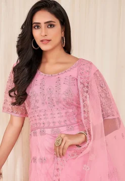 Embroidered Net Abaya Style Suit in Pink