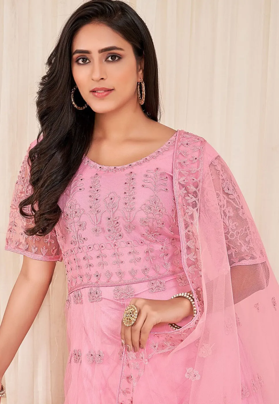 Embroidered Net Abaya Style Suit in Pink