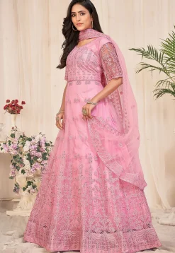 Embroidered Net Abaya Style Suit in Pink
