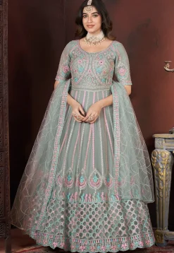 Embroidered Net Abaya Style Suit in Sea Green