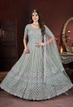 Embroidered Net Abaya Style Suit in Sea Green