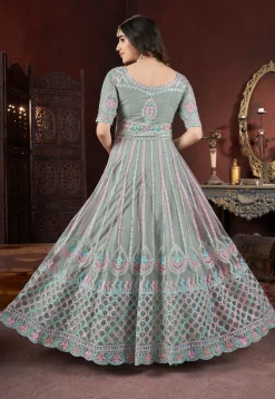 Embroidered Net Abaya Style Suit in Sea Green