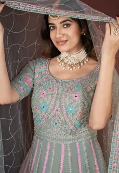 Embroidered Net Abaya Style Suit in Sea Green