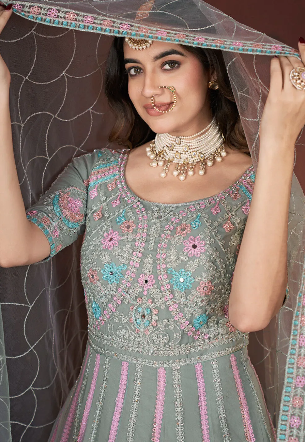 Embroidered Net Abaya Style Suit in Sea Green