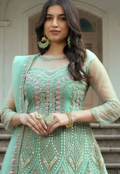 Embroidered Net Abaya Style Suit in Sea Green