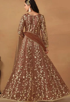 Embroidered Net Abaya Style Suit in Brown