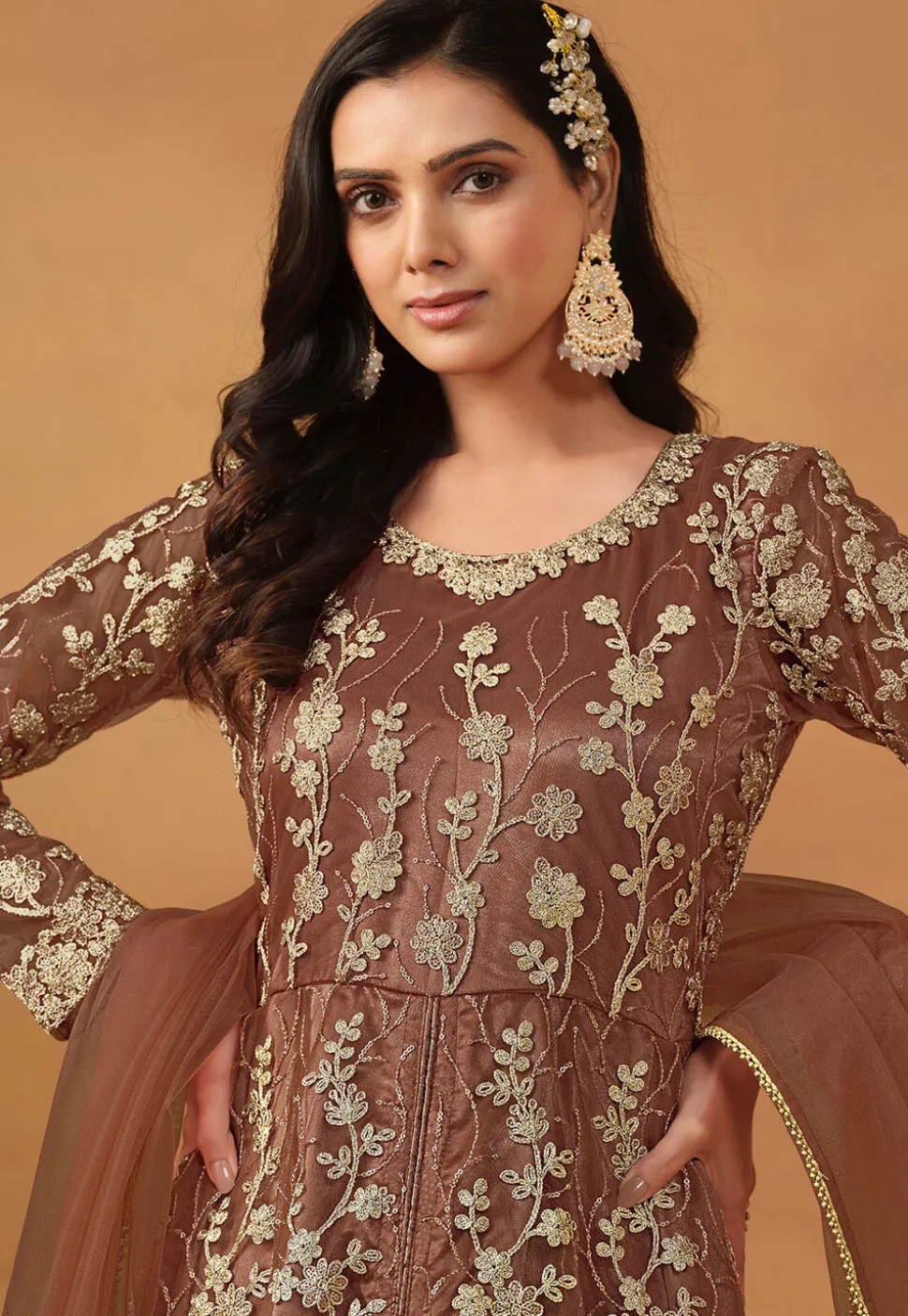 Embroidered Net Abaya Style Suit in Brown