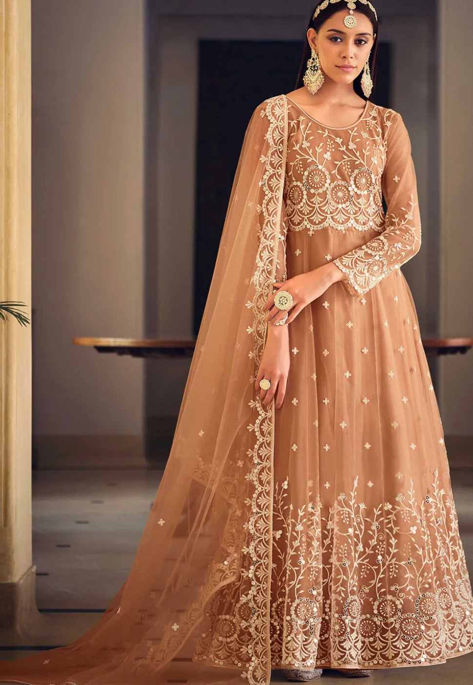 Embroidered Net Abaya Style Suit in Peach
