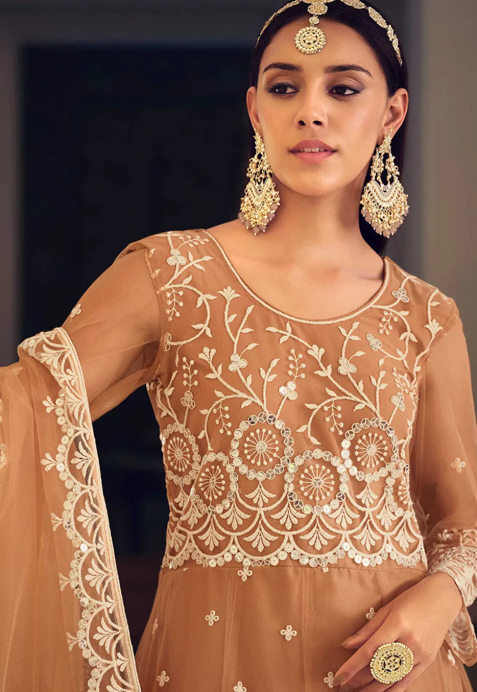 Embroidered Net Abaya Style Suit in Peach