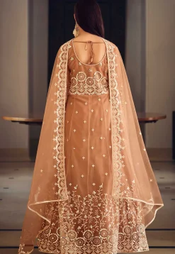 Embroidered Net Abaya Style Suit in Peach