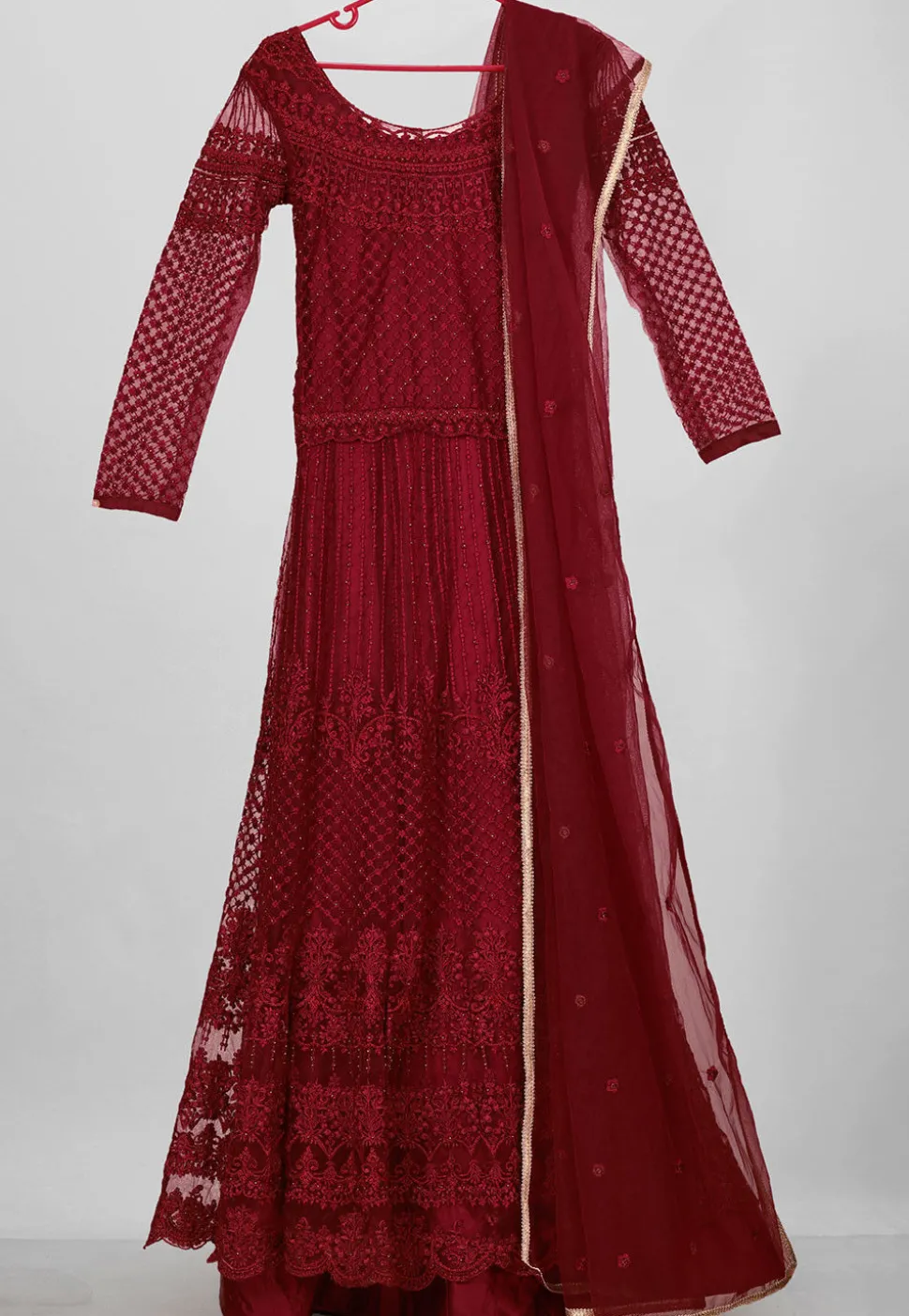Embroidered Net Abaya Style Suit in Maroon