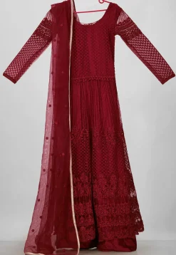Embroidered Net Abaya Style Suit in Maroon