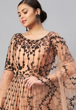 Embroidered Net Abaya Style Suit in Peach