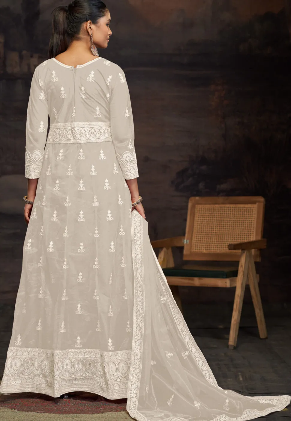 Embroidered Net Abaya Style Suit in Cream