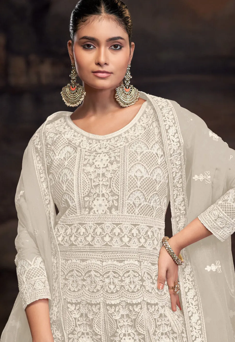 Embroidered Net Abaya Style Suit in Cream