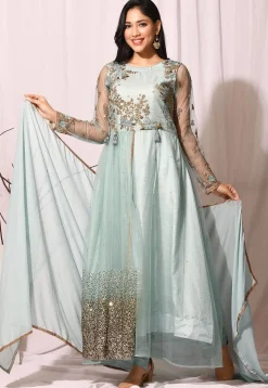 Embroidered Net Abaya Style Suit in Sea Green
