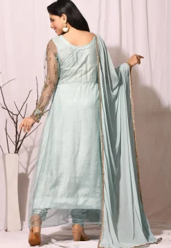Embroidered Net Abaya Style Suit in Sea Green
