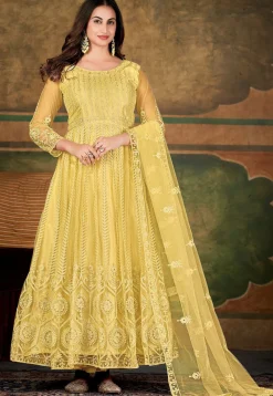 Embroidered Net Abaya Style Suit in Yellow