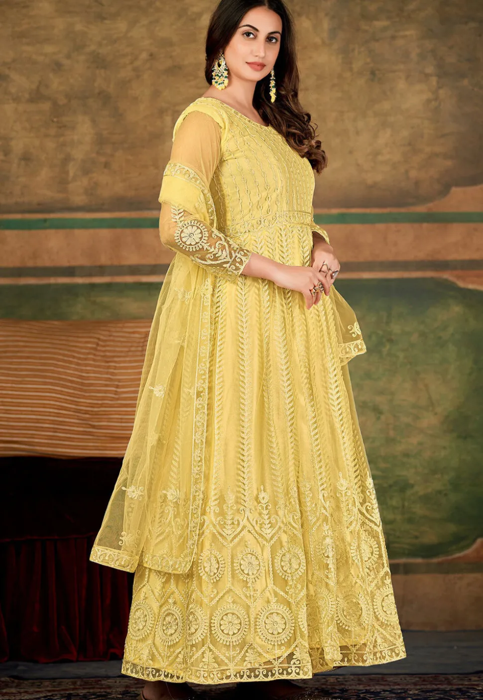 Embroidered Net Abaya Style Suit in Yellow