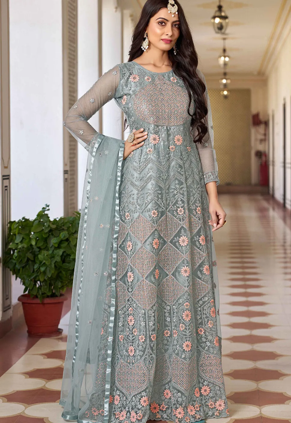 Embroidered Net Abaya Style Suit in Dusty Blue