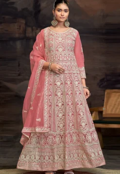 Embroidered Net Abaya Style Suit in Pink
