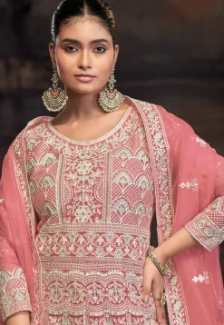 Embroidered Net Abaya Style Suit in Pink