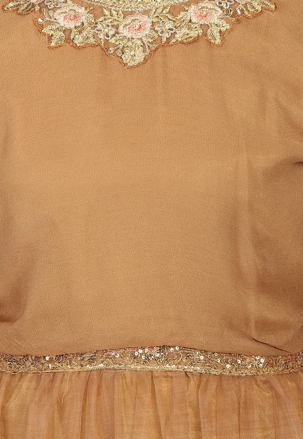 Embroidered Net Abaya Style Suit in Dark Beige