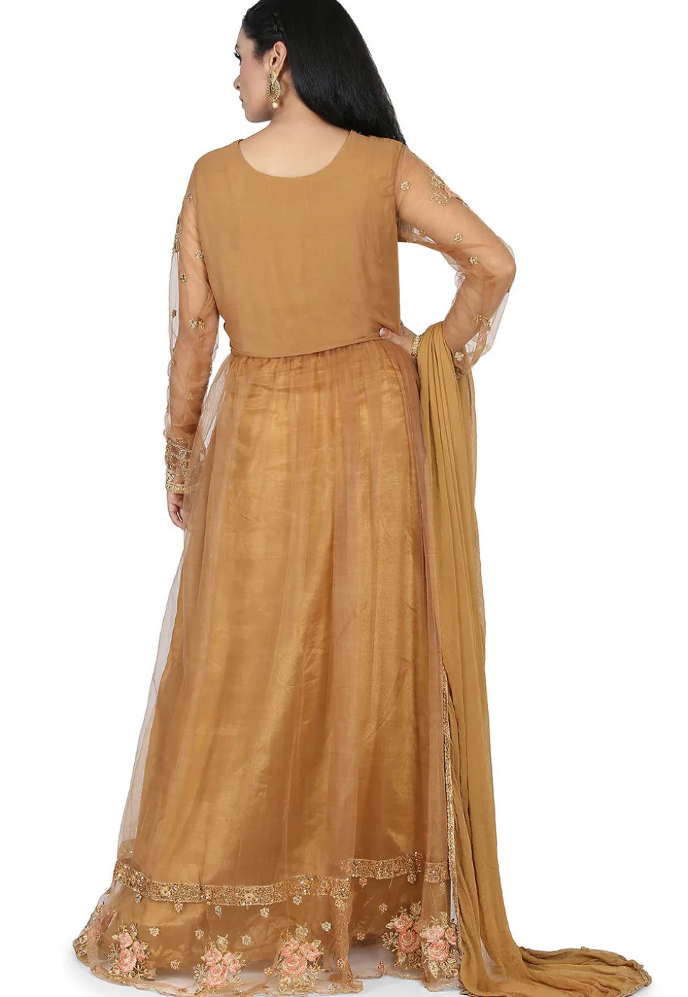 Embroidered Net Abaya Style Suit in Dark Beige