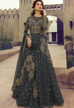 Embroidered Net Abaya Style Suit in Grey