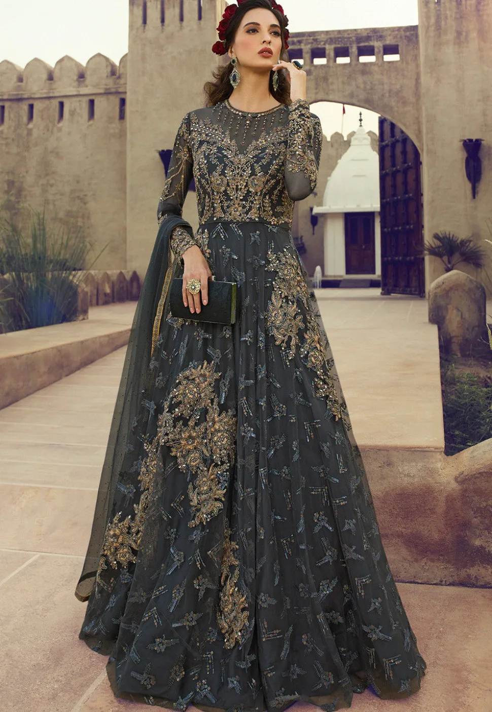 Embroidered Net Abaya Style Suit in Grey