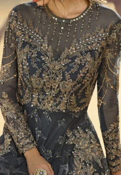 Embroidered Net Abaya Style Suit in Grey